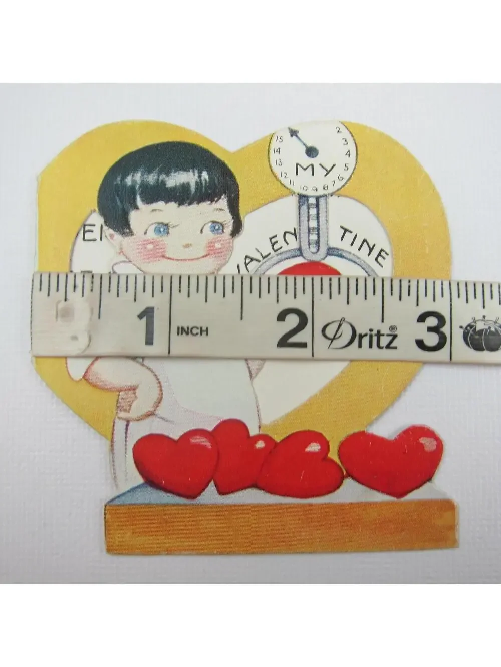 Vintage Valentine Boy Butcher Weigh Scale Red Hearts Die Cut  Bifold Window Card